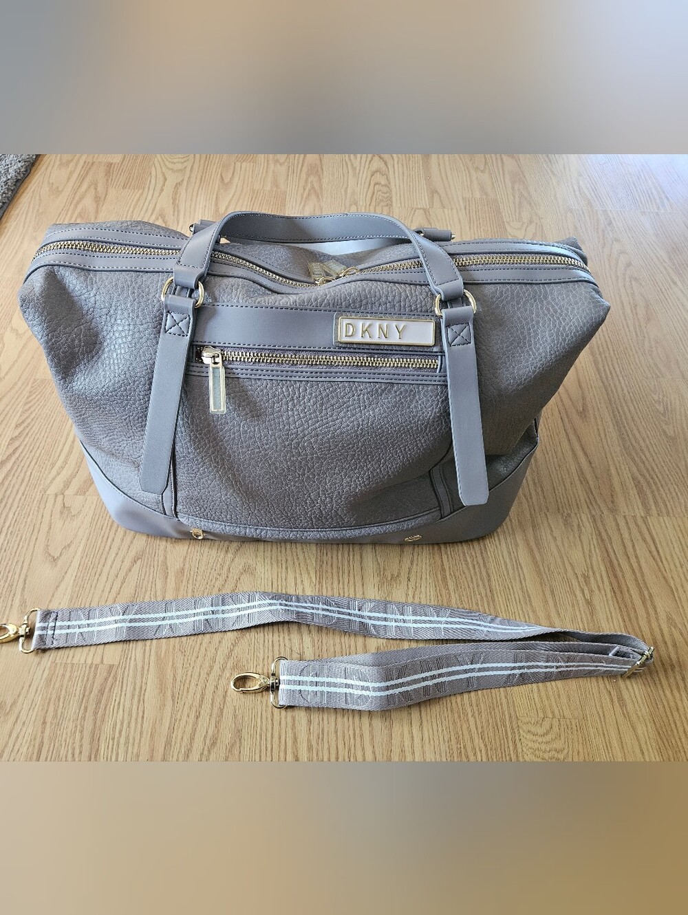 DKNY Gray Pebbled Leather weekender Duffel with Striped Detachable Strap